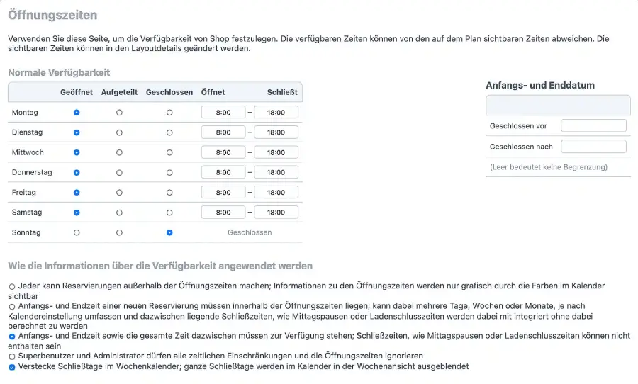 Shop Öffnungszeiten festlegen für die Termine der Warteschlange