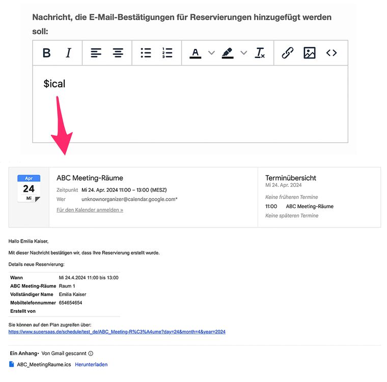 Buchung von Besprechungsrauch als ical-Termin senden per E-Mail