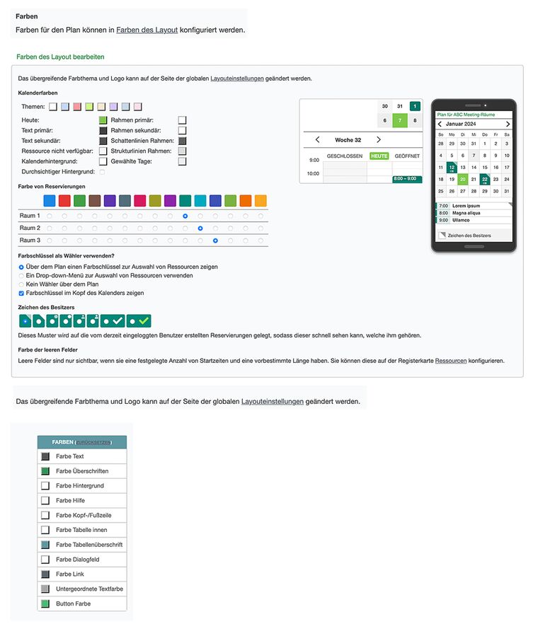 Farben Buchungskalender Besprechungsraum einstellen