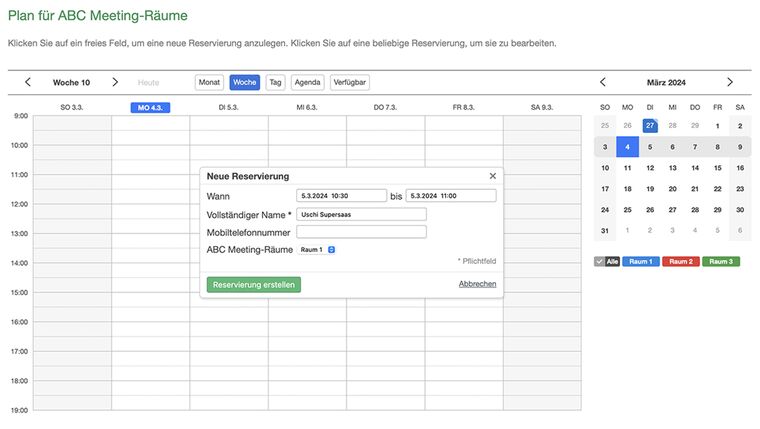 erstelle neue Buchung im Meeting-Raum-Kalender