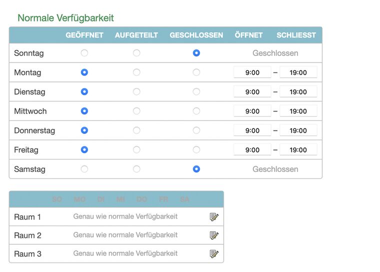 Öffnungszeiten der Räume einstellen