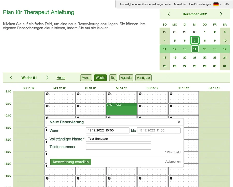 Therapeut online Termin-Kalender aus Kundensicht