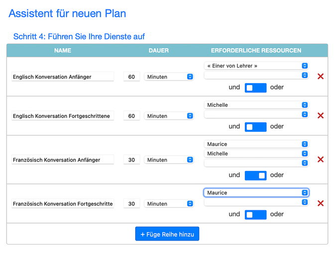 Auswahl Dienstleistungen im Serviceplan Kalender