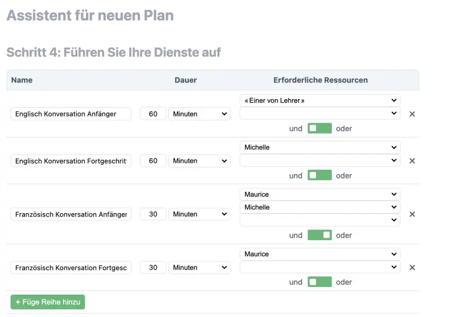 Auswahl Dienstleistungen im Serviceplan Kalender