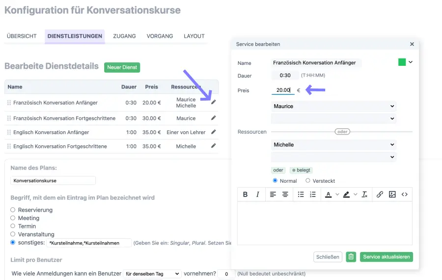 Zahlung für Unterrichtsstunde Konversation