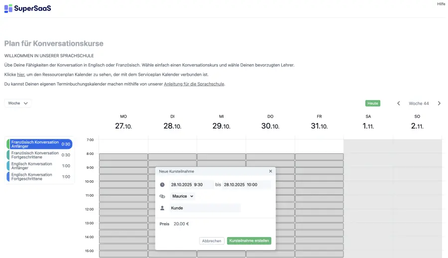 Online Kalender für die Schüler von Unterrichtsstunden für Konversation