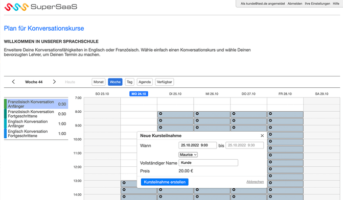 Online Kalender für die Schüler von Unterrichtsstunden für Konversation