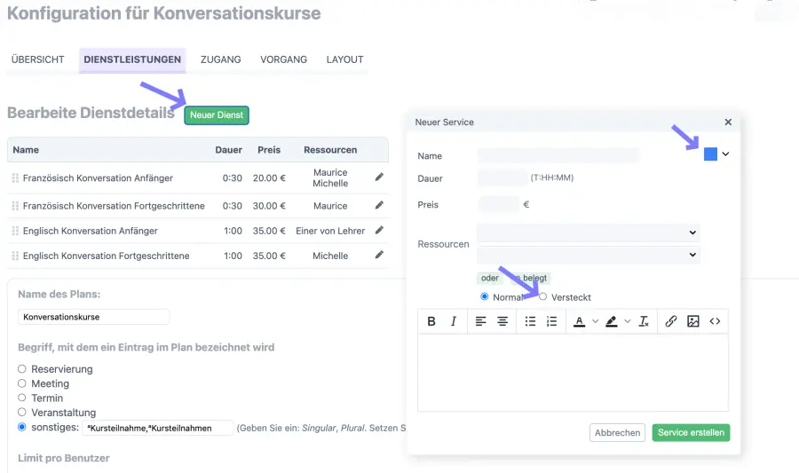 Einstellungen für den Unterricht einer Konversationsstunde