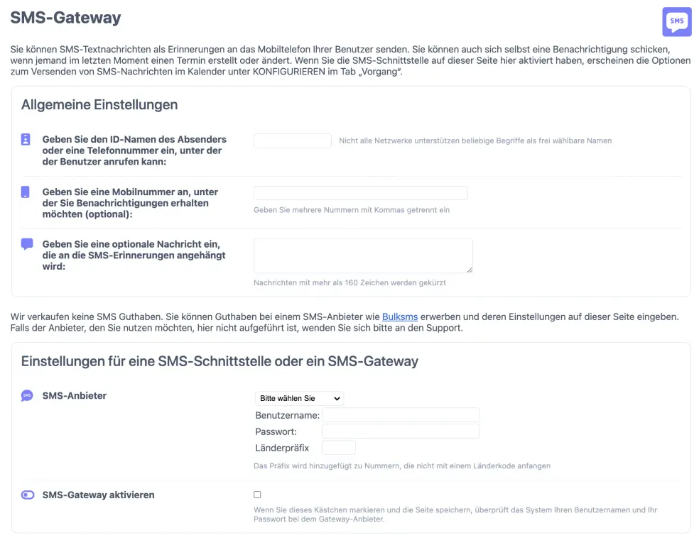 SMS Anbieter einrichten und mit einem SMS Gateway Informationen der online Terminbuchung per SMS versenden