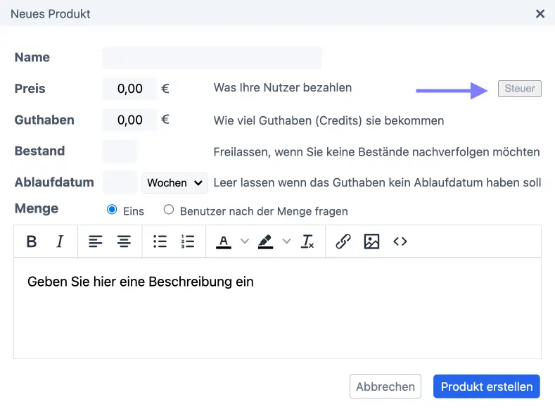 Füge Steuern für ein Produkt hinzu