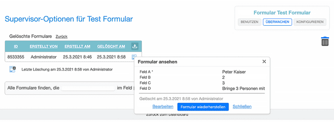 Übersicht der Formulare im Papierkorb