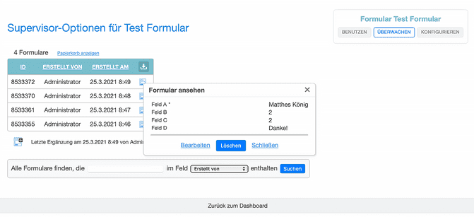 Übersicht der hinterlegten Formulare