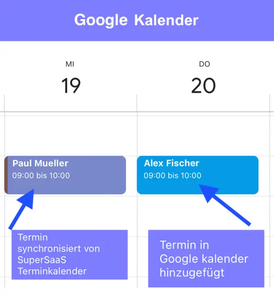SuperSaaS Terminplan synchronisieren mit Google Kalender und Buchungen in einem externen Kalender zeigen