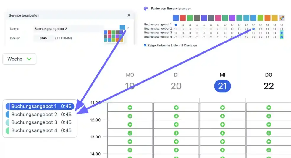 Dienstleistungen und Buchungsangebote farblich kennzeichnen und zuordnen.