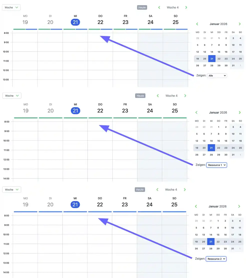 Ressourcen farblich kennzeichnen am oberen Rand vom Online-Terminbuchungskalender.