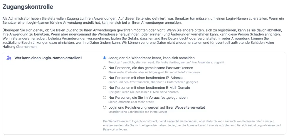 Zugang online Buchungssystem Auswahlmöglichkeiten