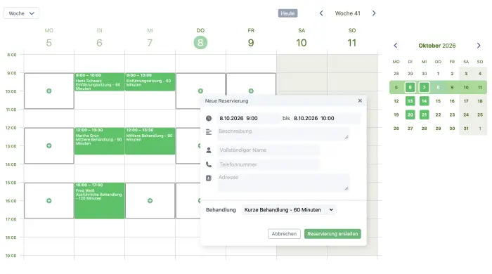 SuperSaaS Terminkalender in der Wochenansicht mit dem Formular für eine neue Buchung