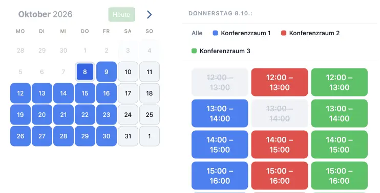 SuperSaaS Buchungs-Widget mit freien Zeitfenstern pro Konferenzraum
