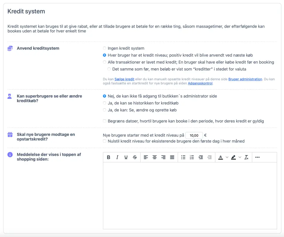 Opsætning af kreditsystem