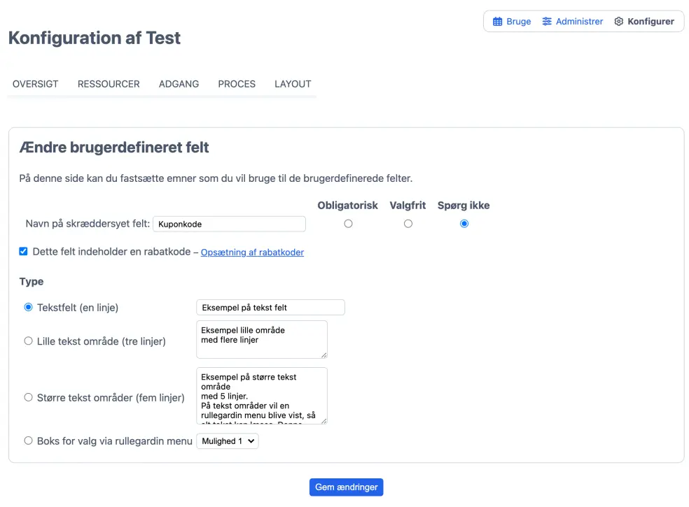 Ændring af skræddersyet felt