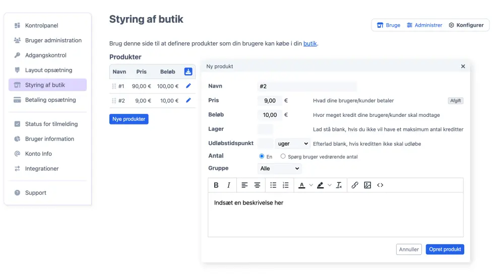 Tilføj produkter såsom kreditter til din webshop