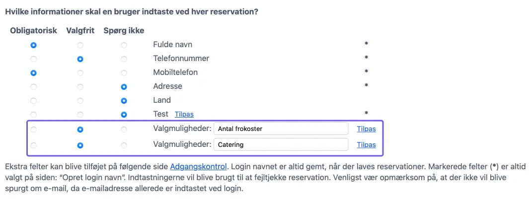 Felt for registrering