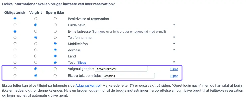Felt for registrering