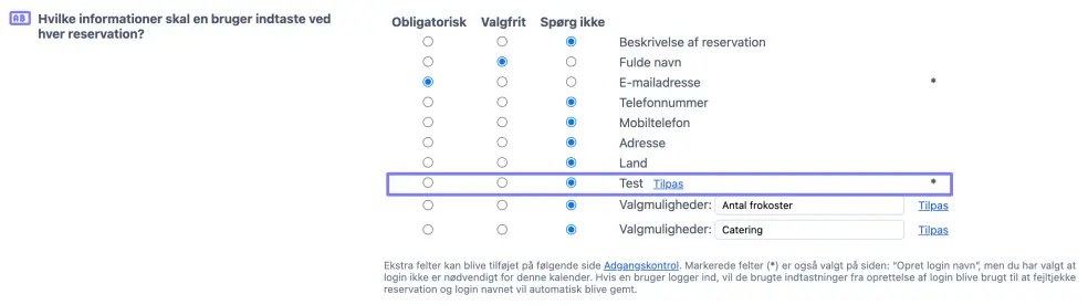 Felt for registrering