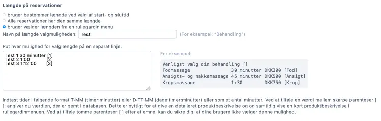 Liste med valg af tidslængde