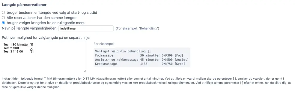 Liste med valg af tidslængde