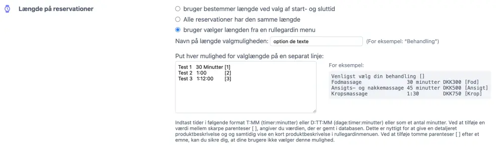 Liste med valg af tidslængde