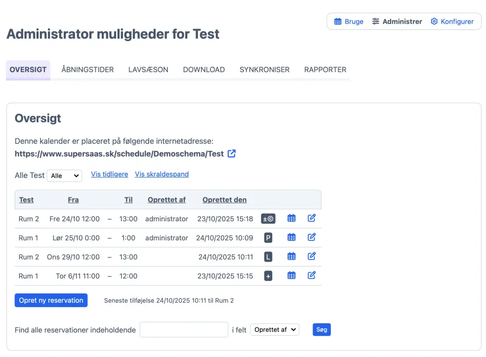 Oversigt på bookinger
