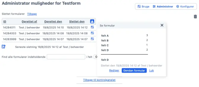 Oversigt på formularer i skraldespanden