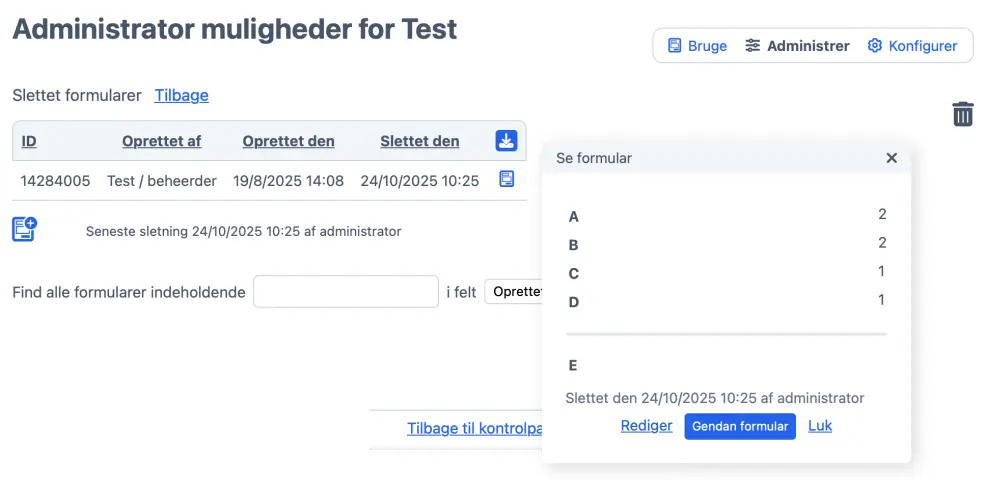 Oversigt på formularer i skraldespanden