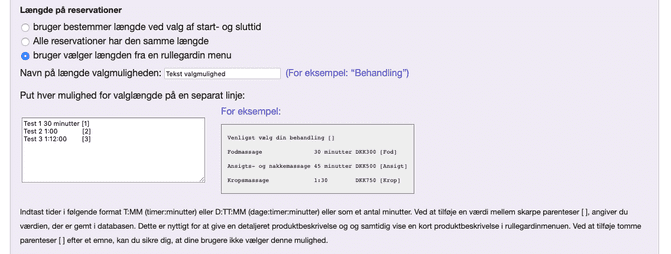 Liste med valg af tidslængde