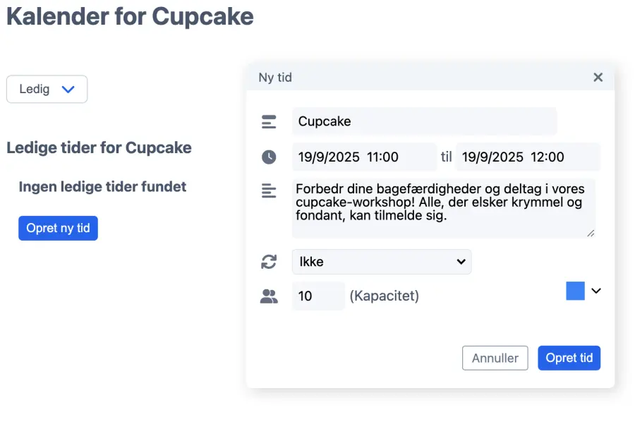 Cupcake kalender tilføj dialogvindue