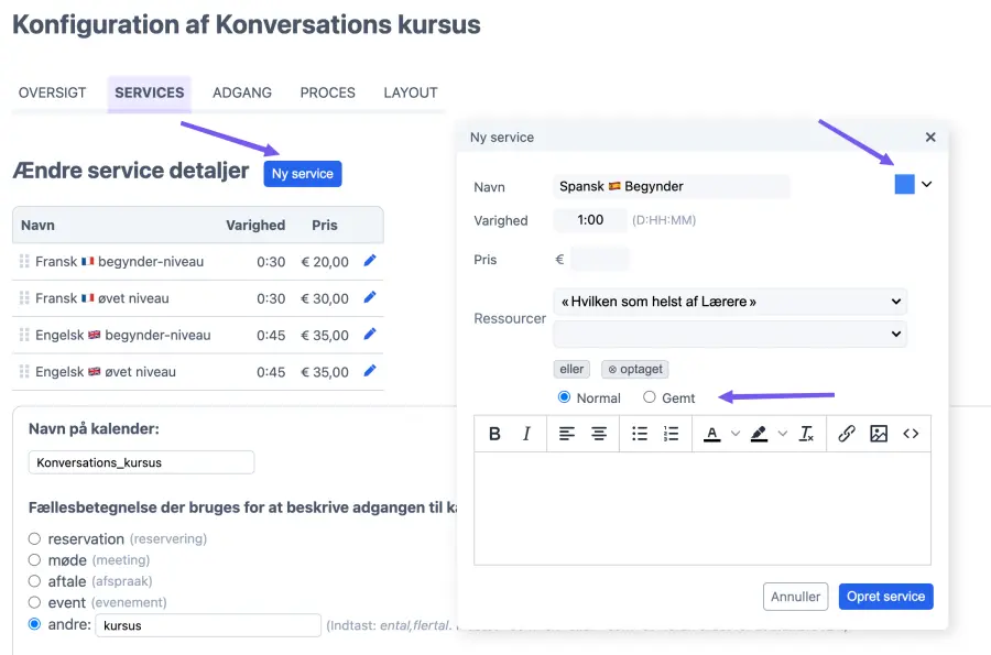 Konfiguration af en undervisningstime