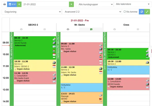 Dagvisning i Gecko Booking med aftaler i flere kalendere