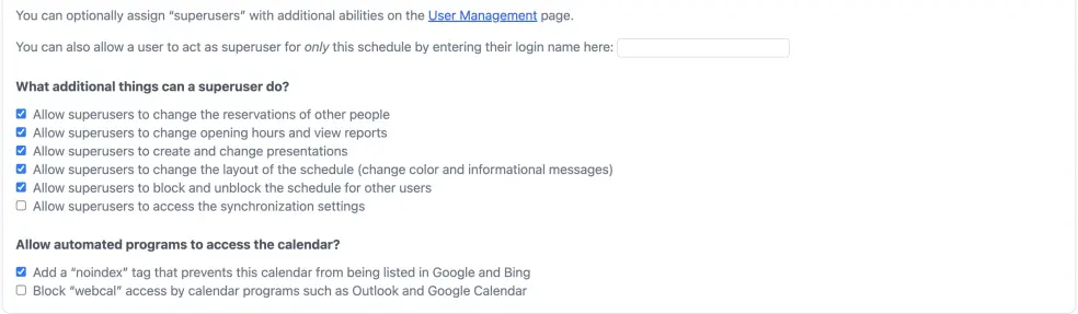 Superuser access settings