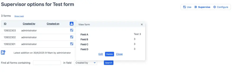 Overview of submitted forms