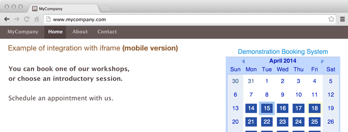iframe baseret integration ved brug af den mobile version af bookingkalenderen