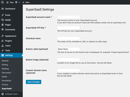 WordPress Plug-in SuperSaaS Configurações