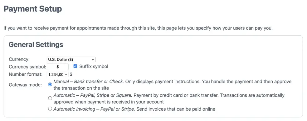 Manual payment setup