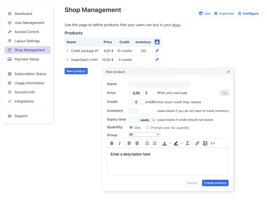 Adding products, i.e. credits, to your webshop