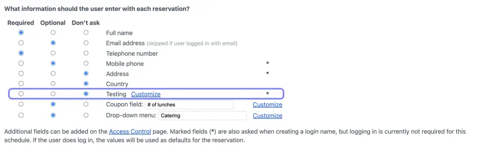 Registration fields