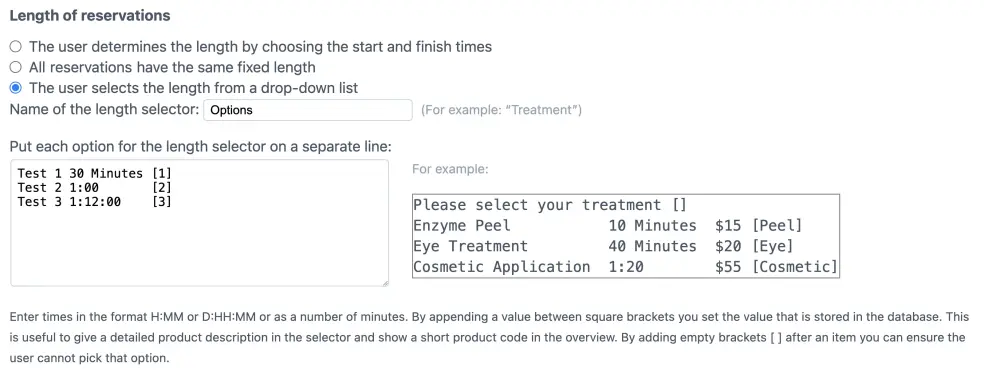 Selection list with options for length selector