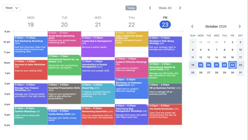 Beispiel für einen Online-Terminbuchungskalender auf einem Computer für Events und Seminare