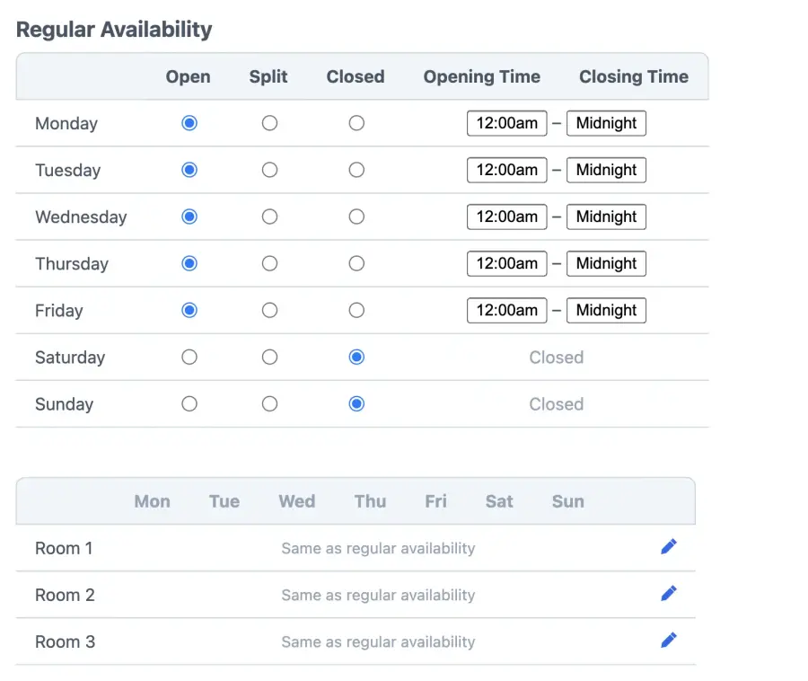 manage room opening hours