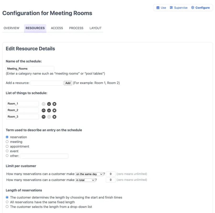 managing the room booking configuration