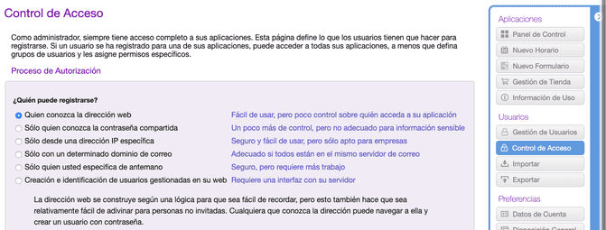 Opciones de control de acceso